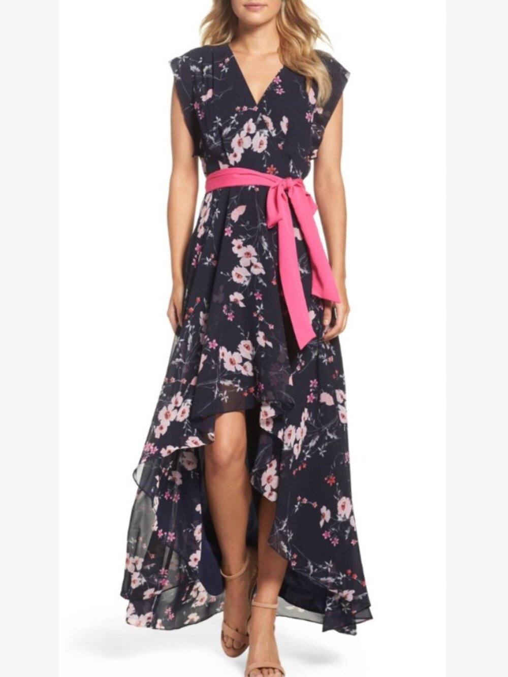 Eliza J Navy High-Low Floral Flowy Hot Pink Maxi Dress